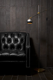 Lincoln tufted armchair in black leather with Stan floor lamp