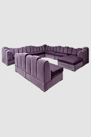 Metropolis modular sectional in Porto Thistle velvet with seat cushions in Florida Lilac 4160 leather