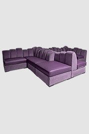 Metropolis modular sectional in Porto Thistle velvet with seat cushions in Florida Lilac 4160 leather