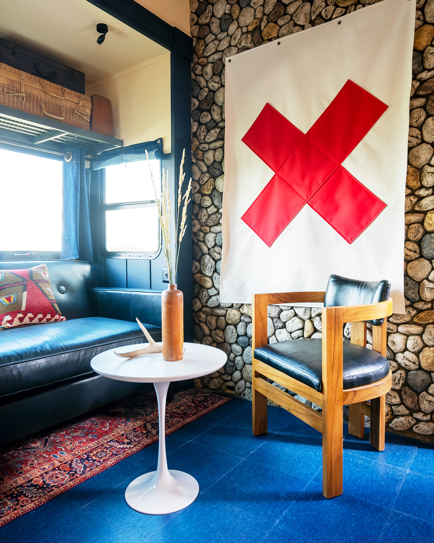 Trailer living room rock wall after